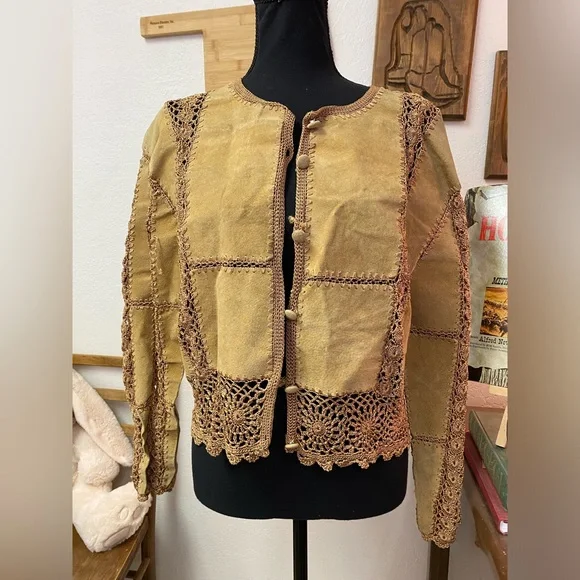 Unique OOAK Hippie Patchwork Leather Crochet Crop Jacket Top Blouse Handmade Sz? - Picture 3 of 16